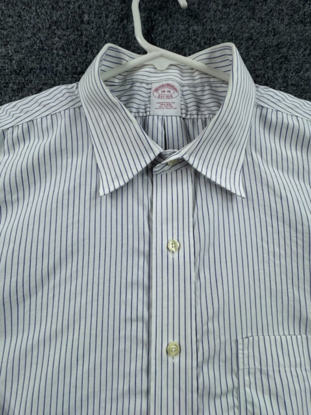 Brooks Brothers White Blue 18 36 Cotton Men Traditional Point Non-Iron Striped